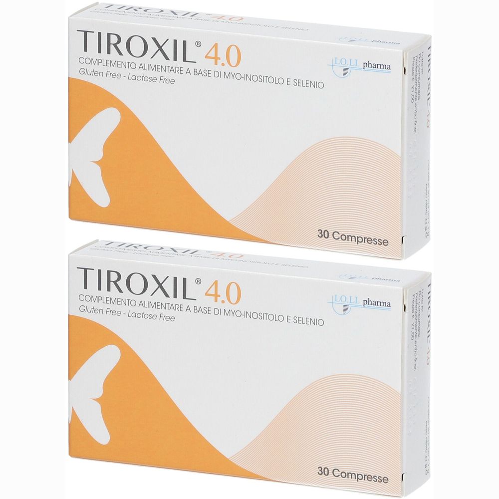 Due confezioni di TIROXIL 4.0. Scritta: Senza glutine, senza lattosio. Contiene 30 compresse. Logo: IOL pharma. Sfondo arancione.
