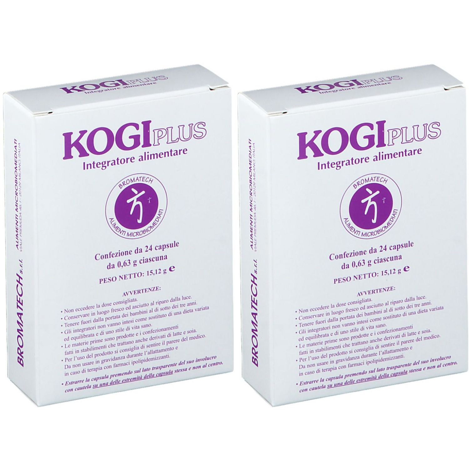 Due scatole bianche con testo viola KOGI PLUS. Testo: Integratore alimentare, 24 capsule, 0,63 g ciascuna, peso netto 15,12 g.