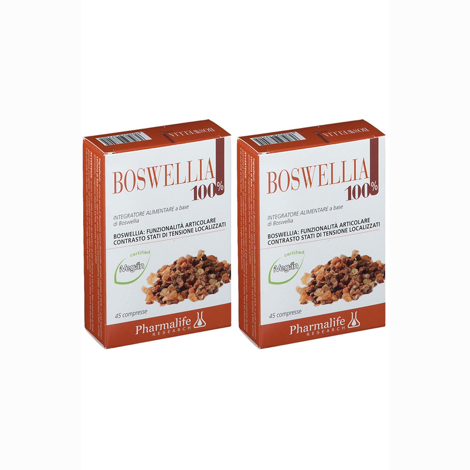 Due scatole con scritta BOSWELLIA 100%. Scritte: 45 compresse, Pharmalife. Logo verde e bianco.