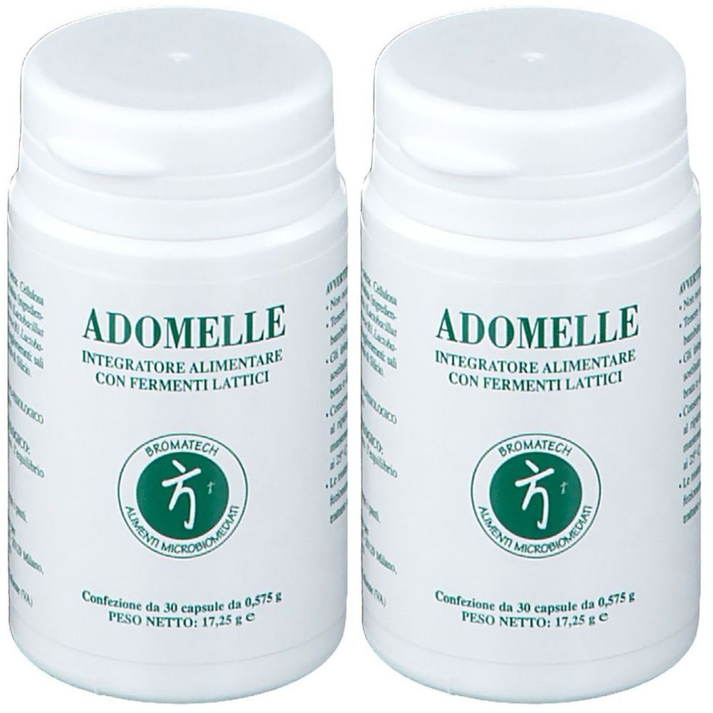Due flaconi bianchi ADOMELLE. Ogni flacone presenta un logo verde e testo in italiano. Confezione da 30 capsule.