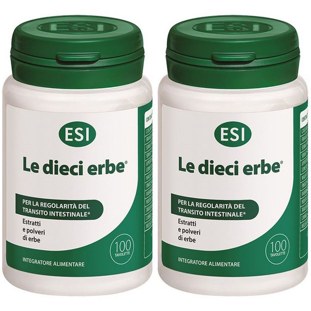 Due flaconi bianchi con tappi verdi. Scritta: ESI, le dieci erbe, 100 tavolette.