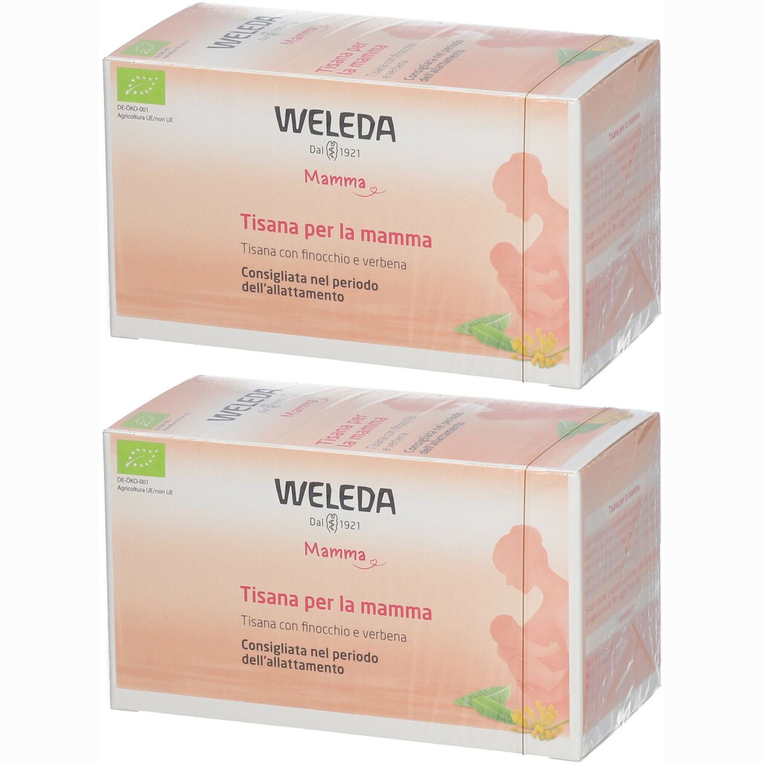 Due scatole di WELEDA Tisana per la mamma. Scritta: Tisana con finocchio e verbena. Consigliato durante l'allattamento. Marchio biologico.