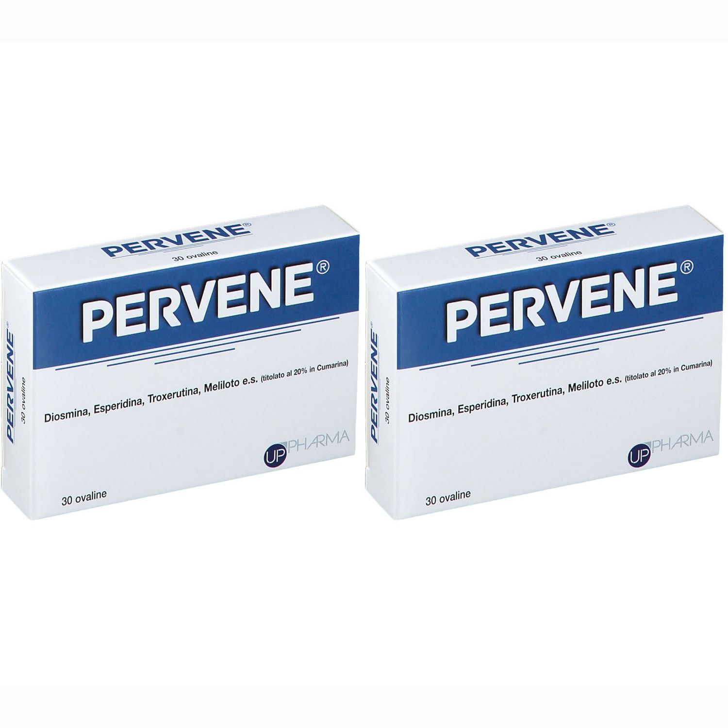 Due confezioni di PERVENE®. Confezione bianca e blu. Scritta: Diosmina, Esperidina, Troxerutina, Meliloto e.s. 30 ovaline. Logo UP PHARMA.