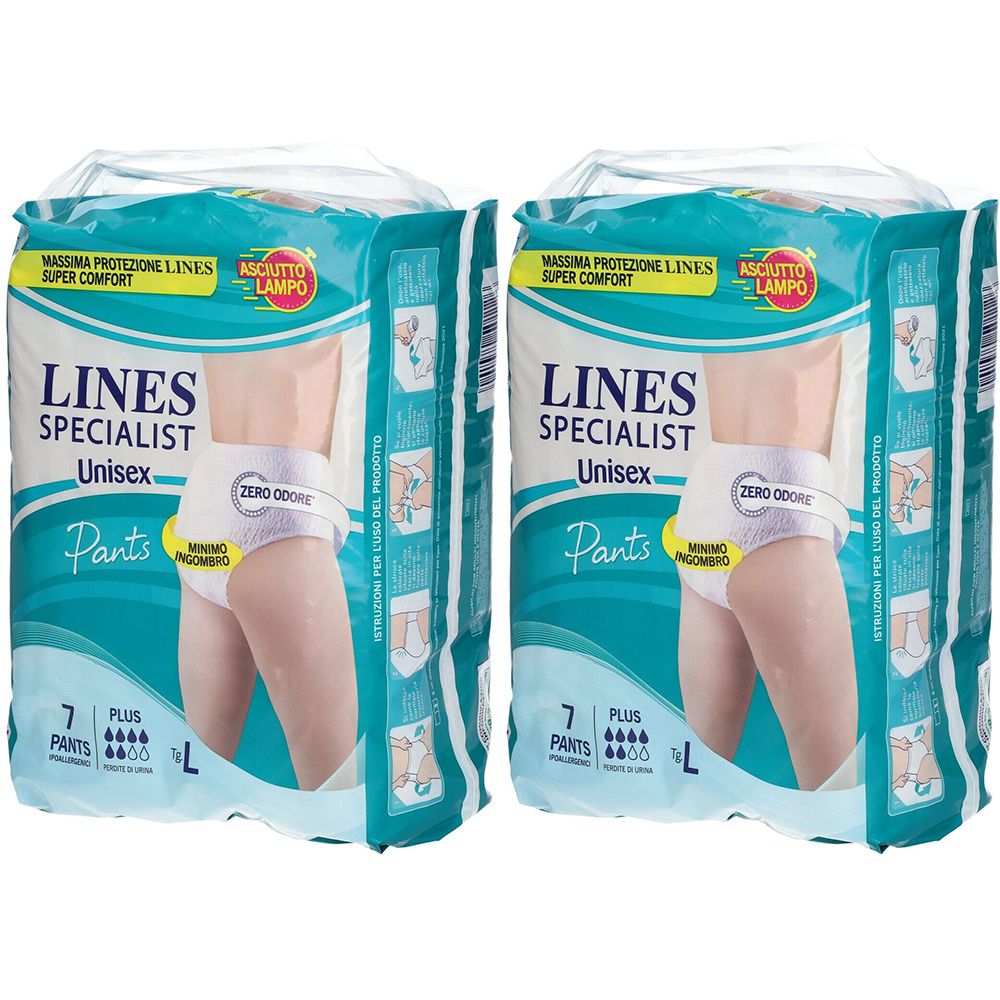 Due confezioni di LINES SPECIALIST Pants Unisex Plus L. Confezione con immagine del prodotto e testo: ZERO ODORE, 7 Pants.