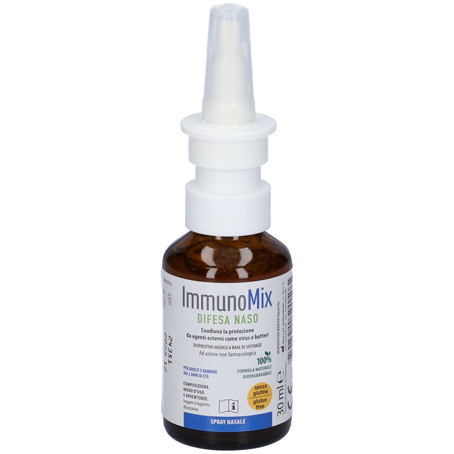 Flacone in vetro marrone con erogatore bianco. Scritta: ImmunoMix Difesa Naso. 30 ml. Senza glutine.
