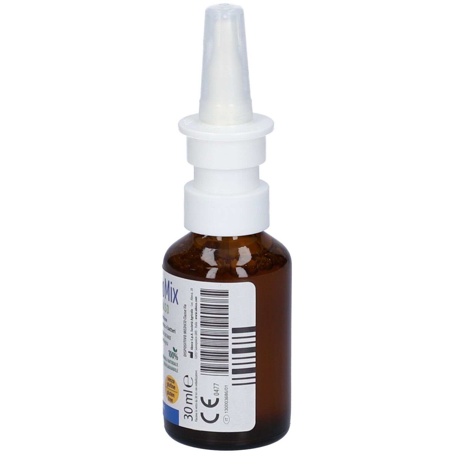 Flacone in vetro marrone con erogatore bianco. Codice a barre ed etichetta con informazioni. 30 ml.