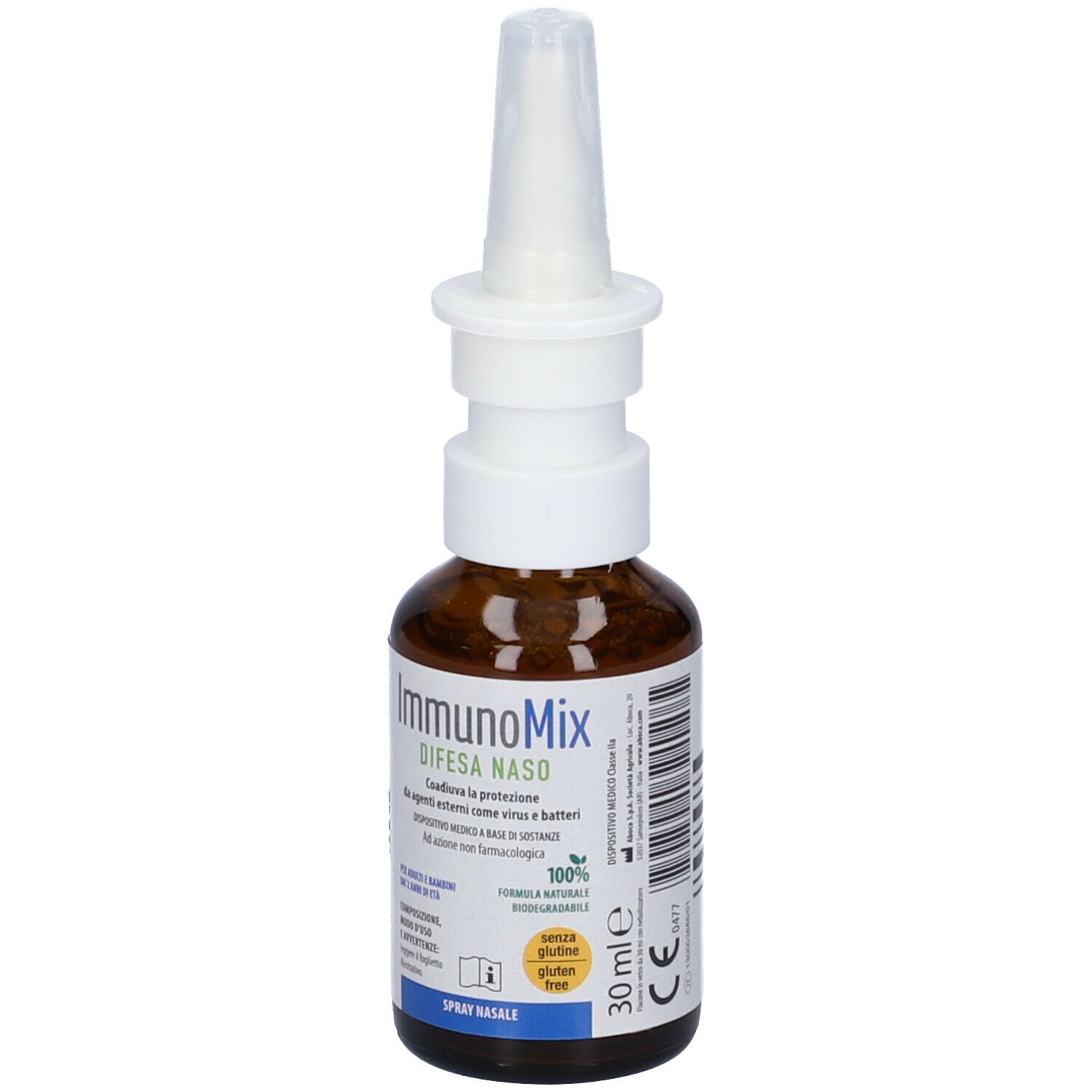 Flacone in vetro marrone con erogatore bianco. Scritta: ImmunoMix Difesa Naso. 30 ml. Senza glutine.