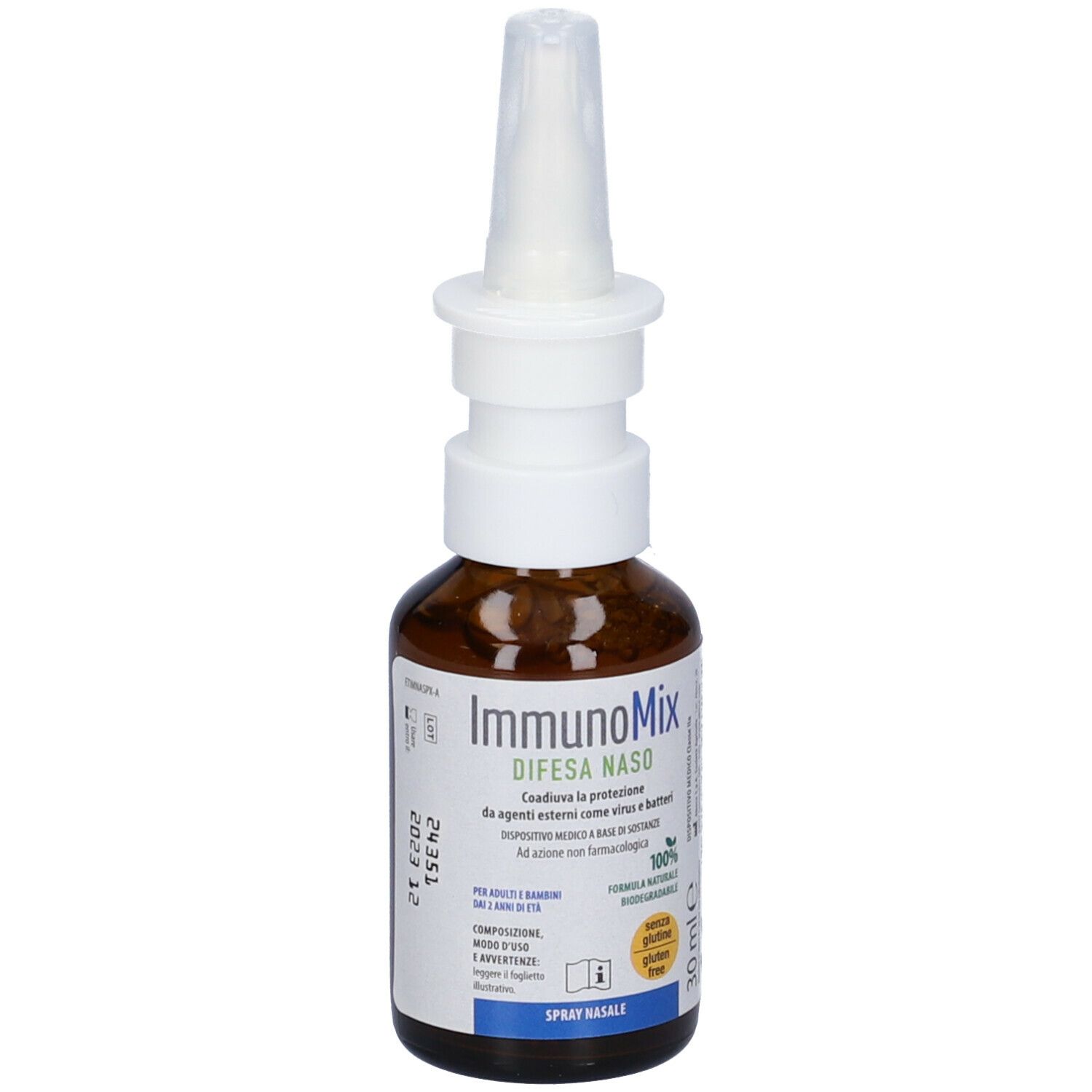 Flacone in vetro marrone con erogatore bianco. Scritta: ImmunoMix Difesa Naso. 30 ml. Senza glutine.