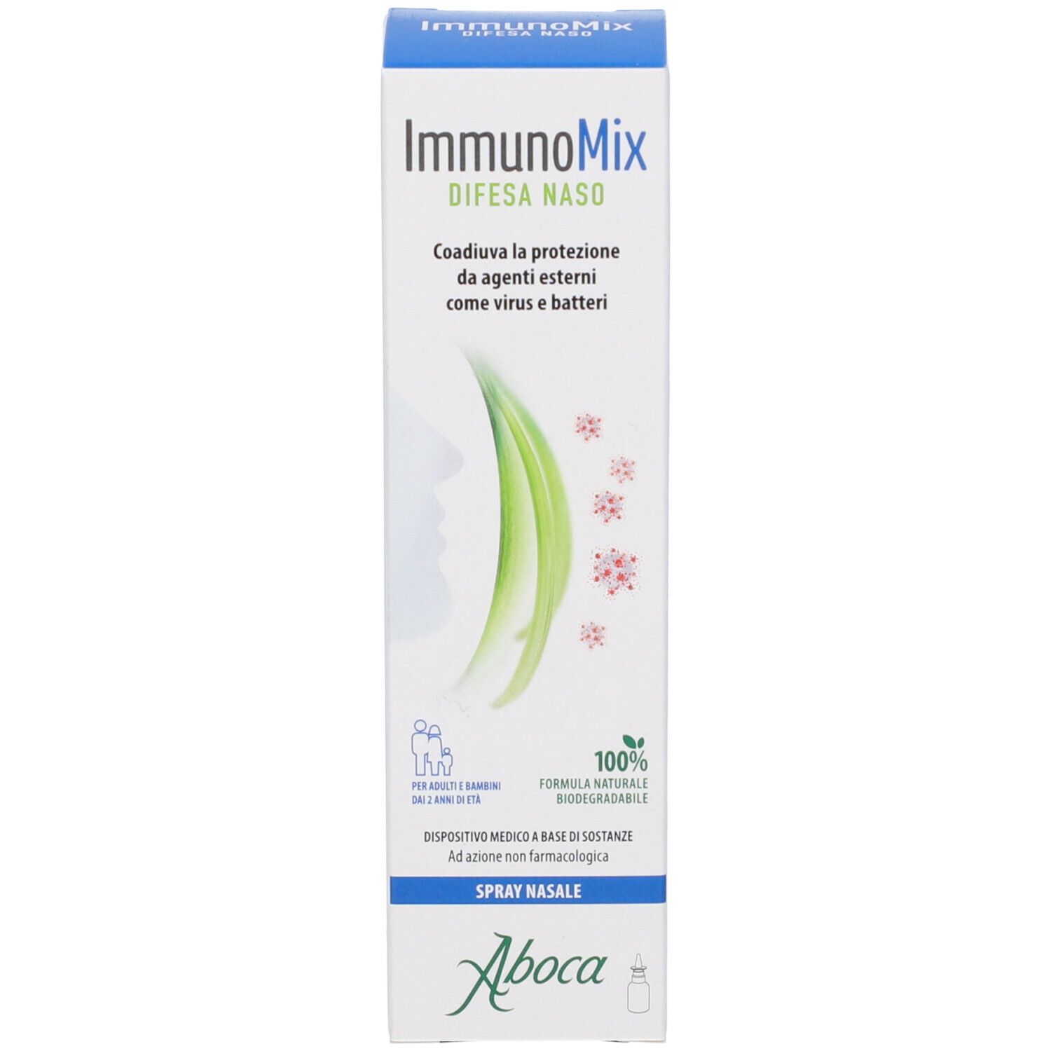 Confezione del prodotto. Scritta: ImmunoMix Difesa Naso. Aboca. 100% naturale, biodegradabile.