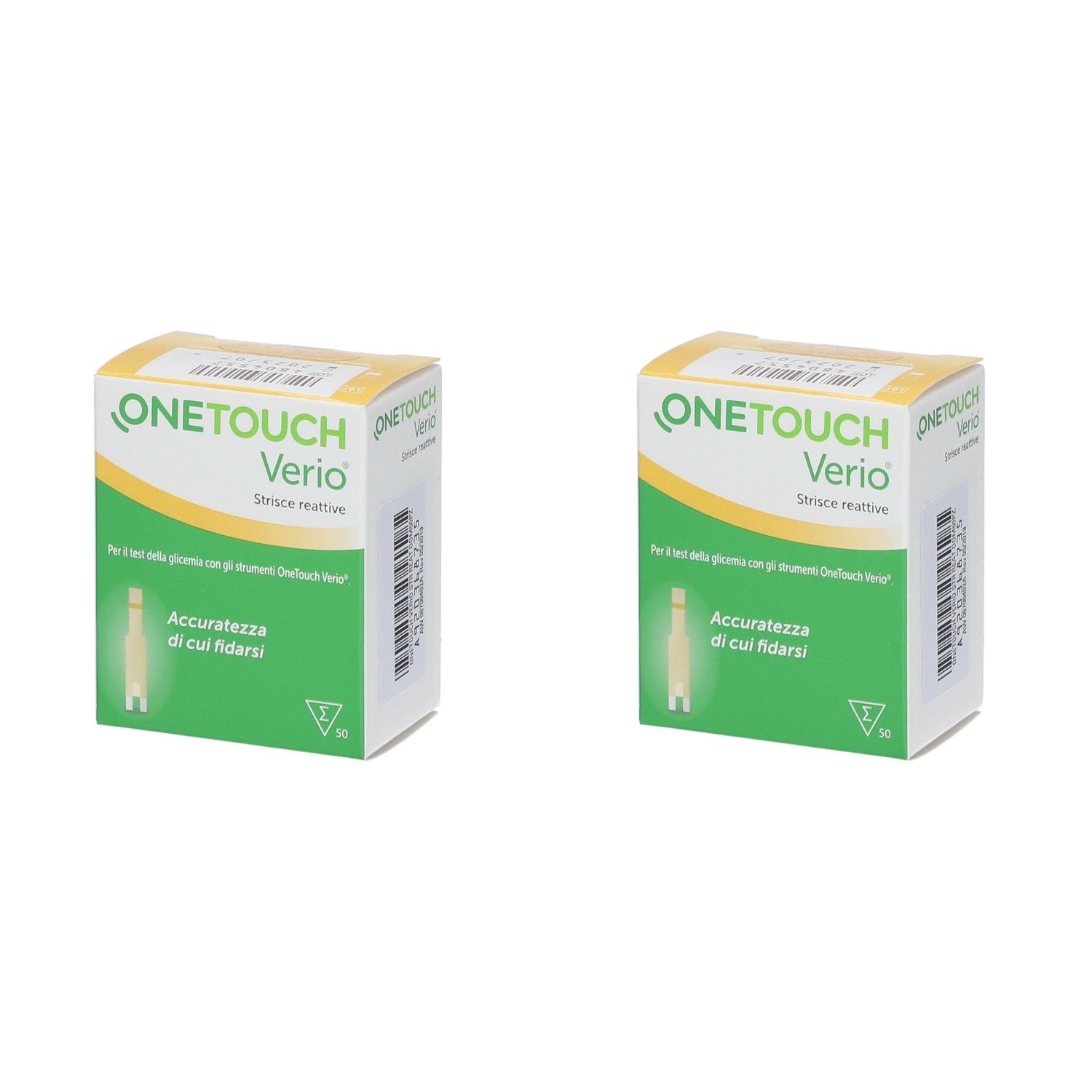 Due confezioni di strisce reattive OneTouch Verio. Confezione verde e gialla. Nome del prodotto ben visibile.