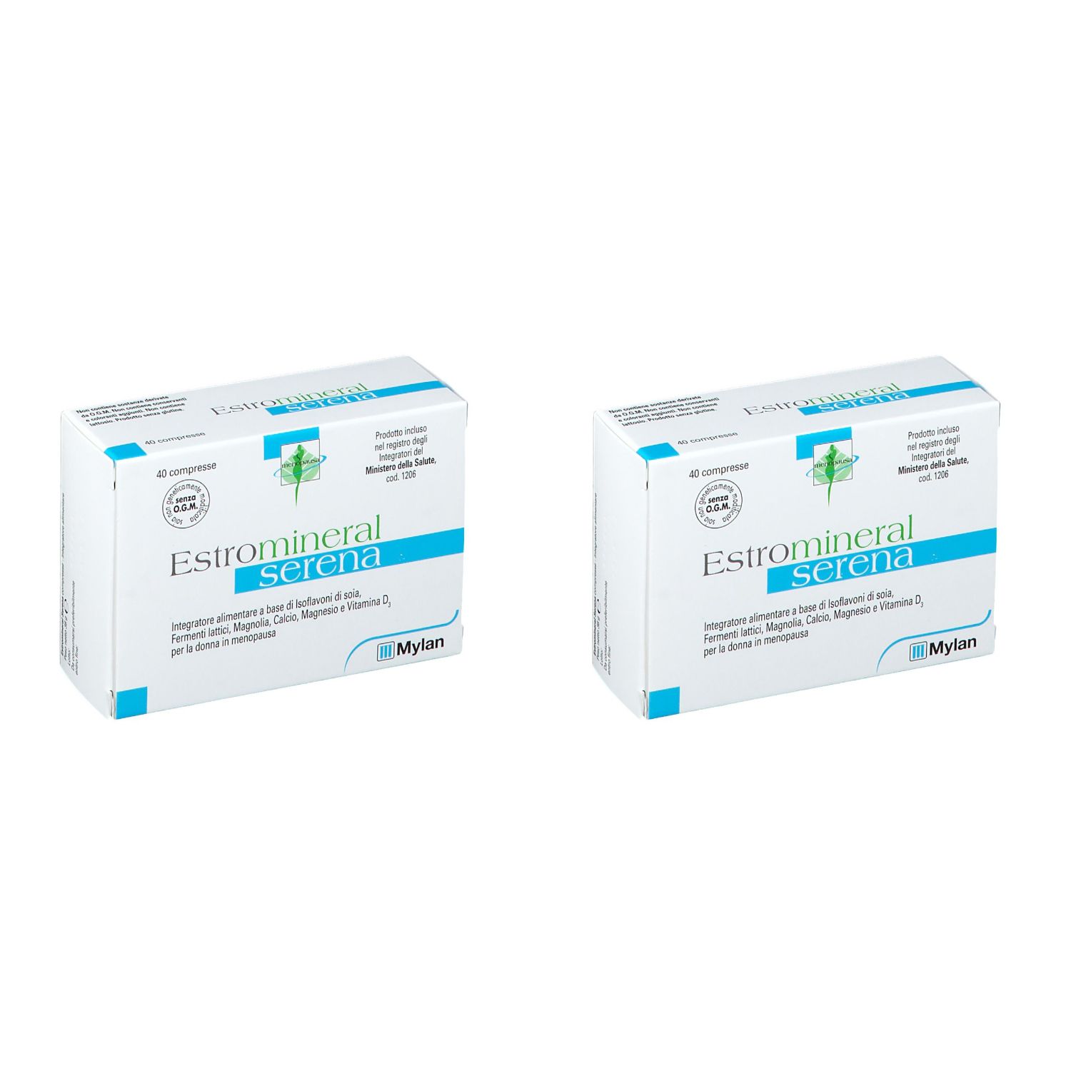 Due scatole bianche con scritto "Estromineral serena". Scritto: 40 compresse. Marchio: Mylan.