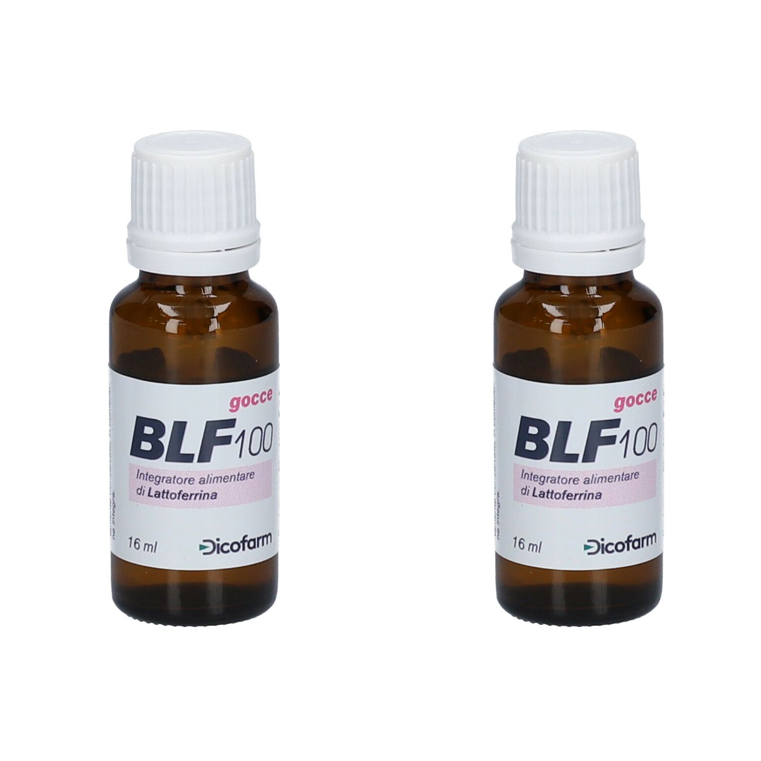 Due flaconi marroni con tappi bianchi. Etichette con BLF100, Integratore alimentare di Lattoferrina e Dicofarm.