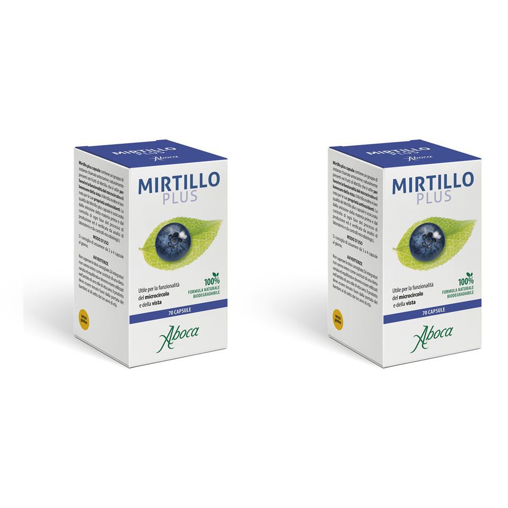 Due scatole rettangolari con la scritta "Mirtillo Plus". Su ogni scatola è raffigurato un mirtillo su una foglia. Sotto, il nome "Aboca".