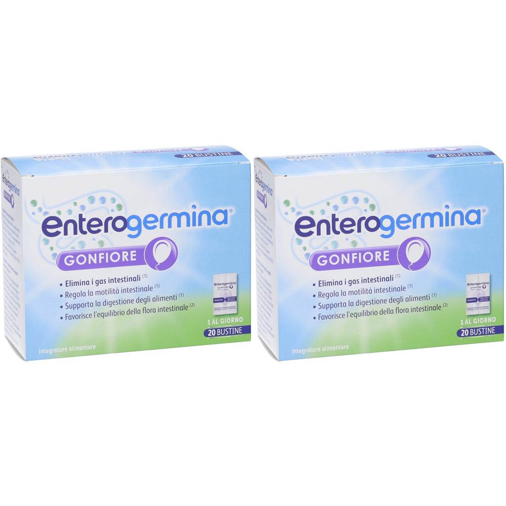 Due confezioni di Enterogermina. Scatole blu con scritte bianche. Testo: Gonfiore, 20 Bustine. Contiene probiotici ed enzimi.