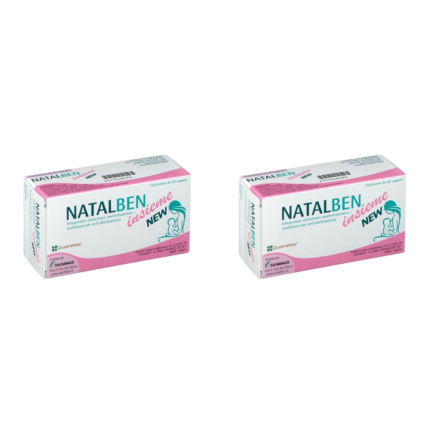 Due scatole rettangolari. Scritta: NATALBEN insieme NEW. Confezione rosa e bianca con logo di una madre che allatta.