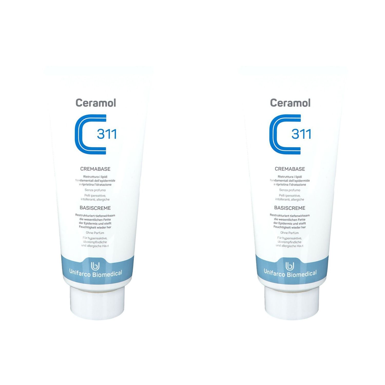 Due tubi di Ceramol 311 Cremabase. Tubi bianchi con testo blu. Scritta: Cremabase, Basiscreme. Unifarco Biomedical.
