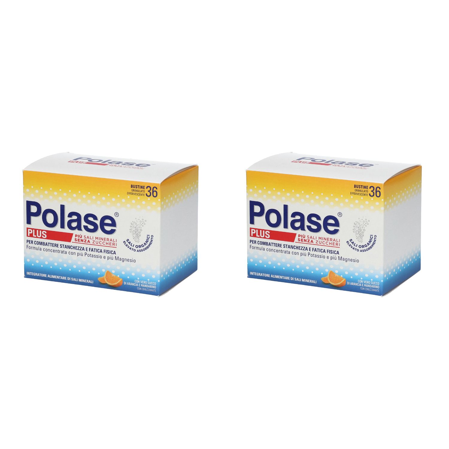 Due scatole di Polase Plus. Scritto: Integratore Sali Minerali Arancia e Mandarino. 36 bustine.