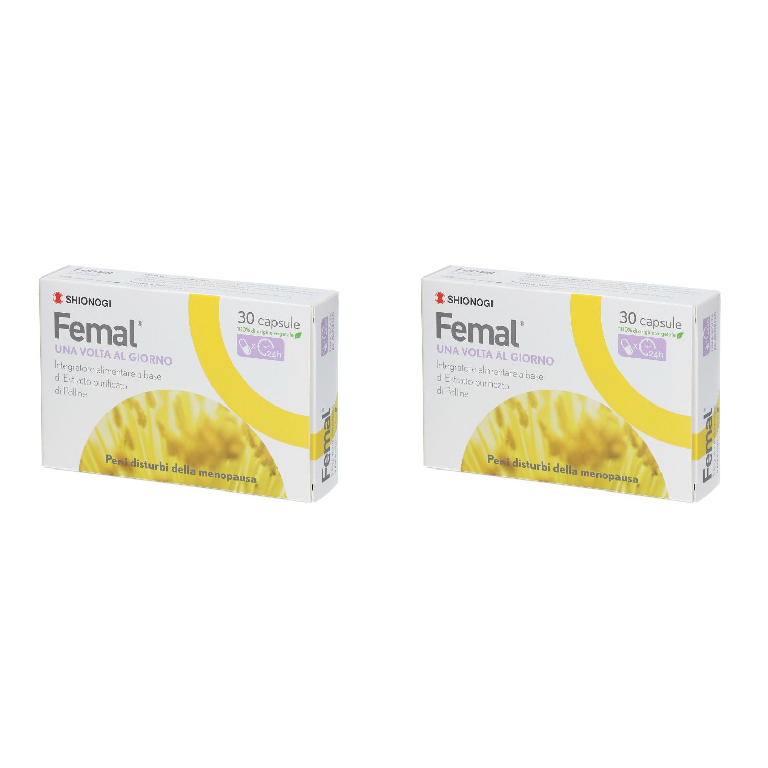 Due scatole bianche Femal, 30 capsule. Elemento giallo. Testo: Una volta al giorno.