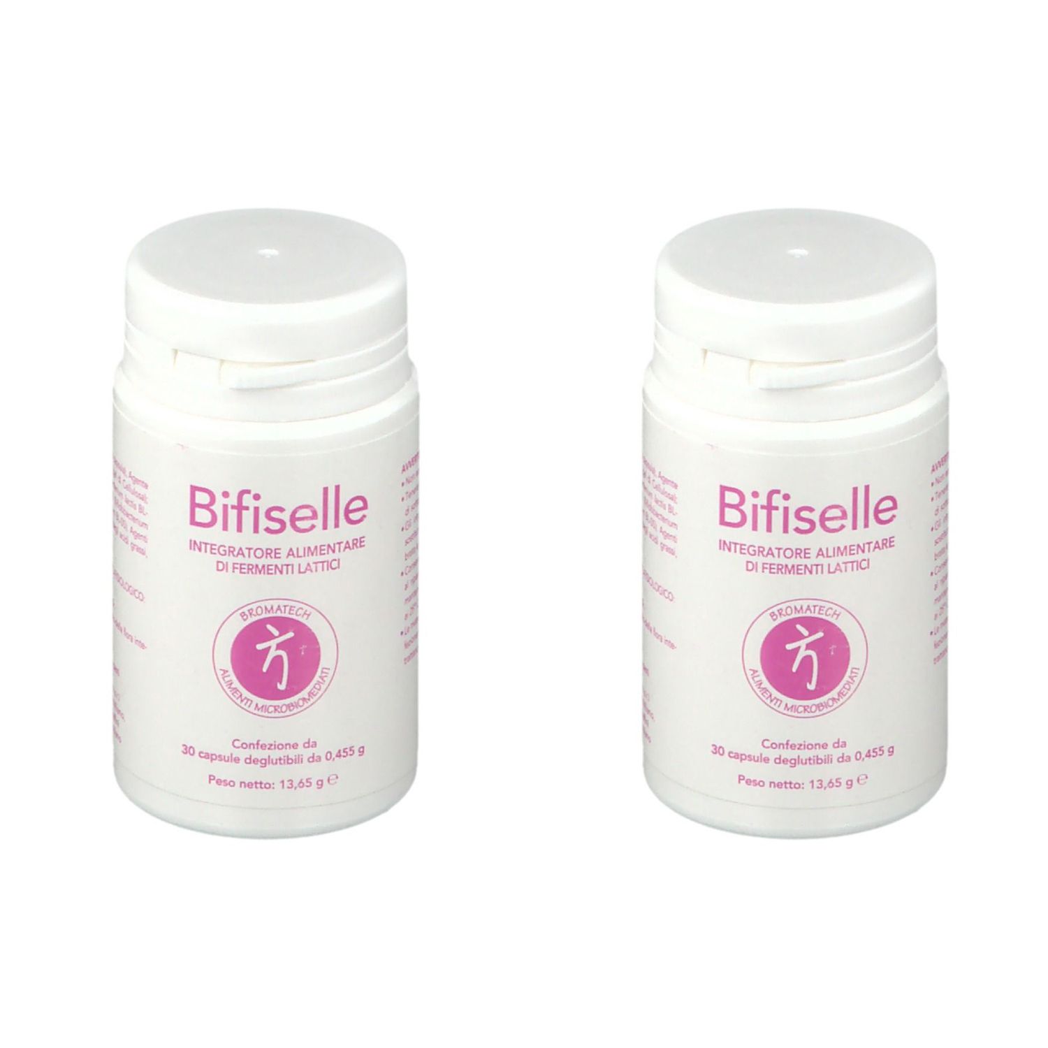 Due flaconi bianchi con la scritta "Bifiselle". Ogni flacone ha un'etichetta con testo e logo.