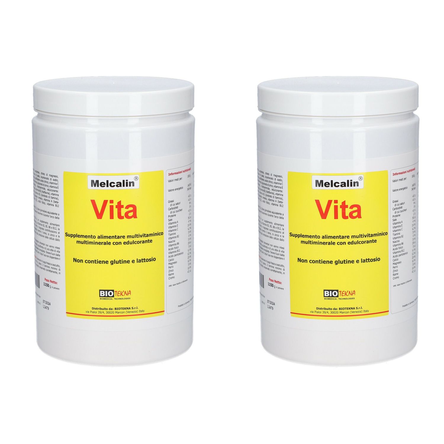 Due contenitori bianchi con etichette gialle. Sulle etichette "Melcalin Vita". Testo sottostante: "Supplemento alimentare multivitaminico..." e "Non contiene glutine e lattosio".