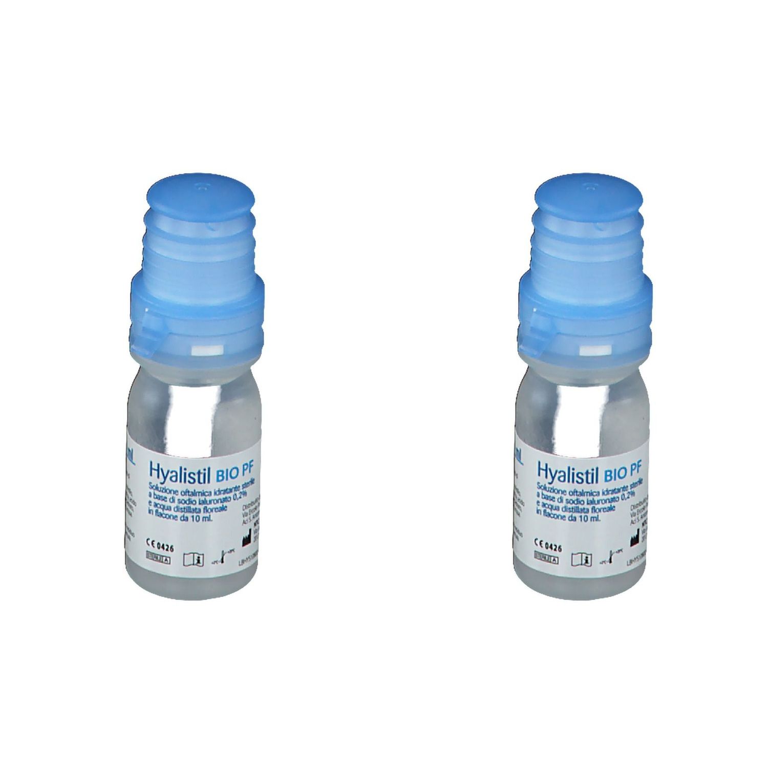 Due piccoli flaconi con tappo blu. L'etichetta riporta "Hyalistil BIO PF".
