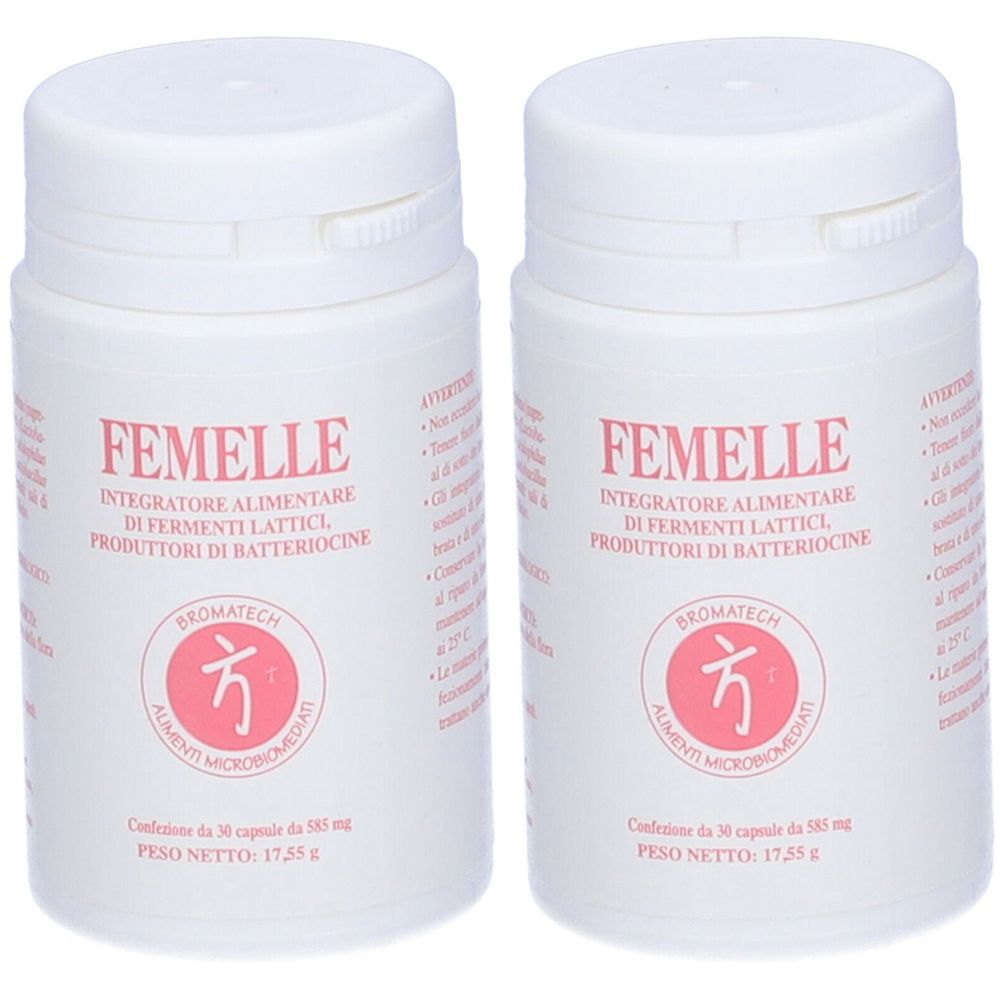 Due flaconi bianchi con etichette rosa. Le etichette riportano "FEMELLE" e altre informazioni. Sotto, un logo.