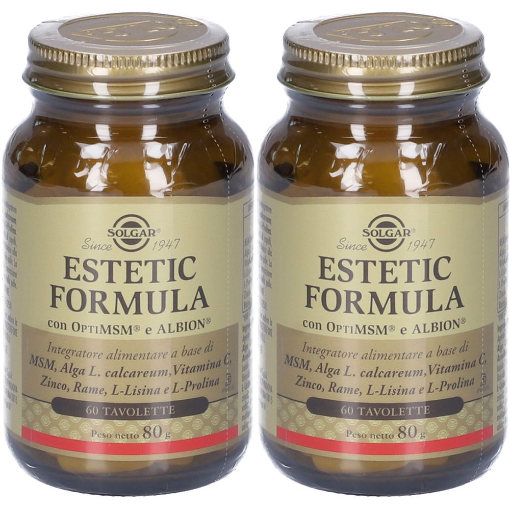 Due flaconi di vetro marrone con tappi dorati. Etichette "SOLGAR Estetic Formula". Ogni flacone contiene 60 compresse.