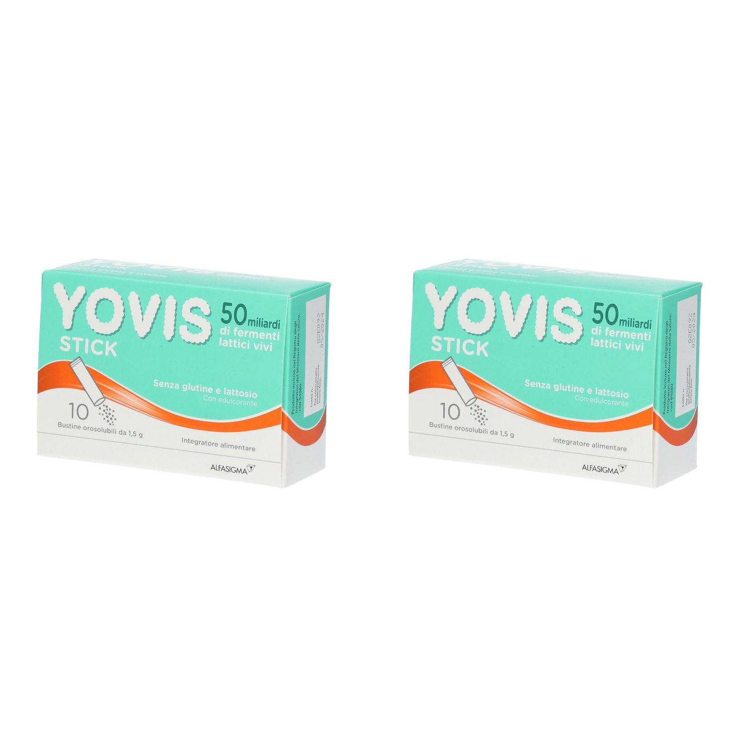 Due confezioni di Yovis Stick. Scatole turchesi e bianche con nome del prodotto, informazioni sugli ingredienti e quantità.