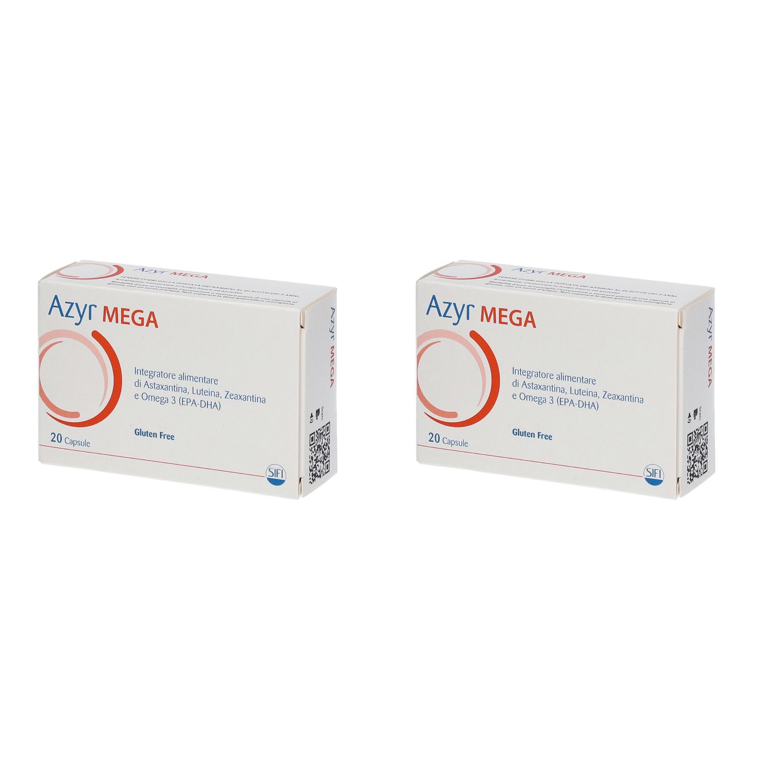 Due scatole di Azyr MEGA. Confezione bianca con cerchio rosso e testo. Contiene 20 capsule. Senza glutine.