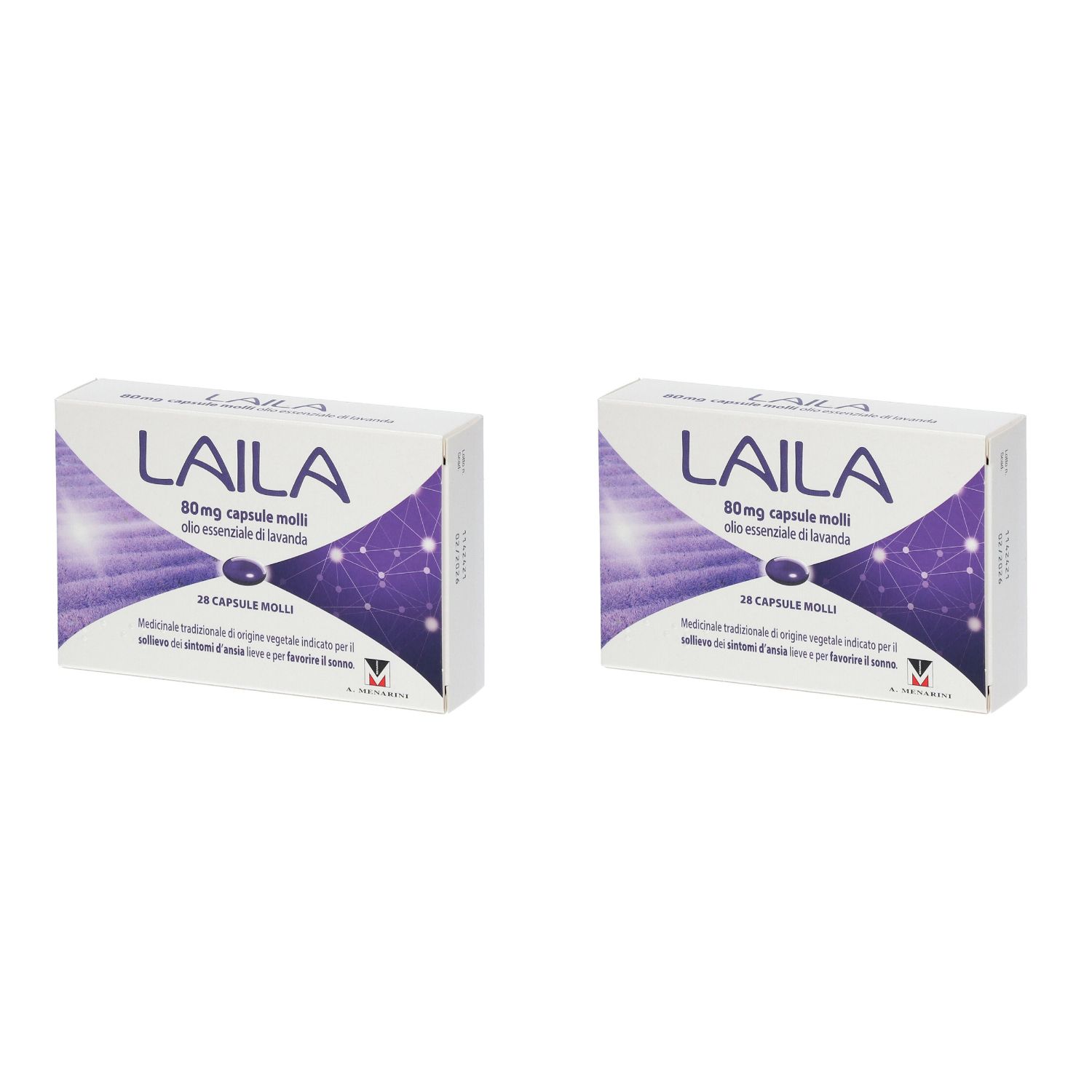 Due scatole "LAILA". Ogni scatola riporta "80mg capsule molli olio essenziale di lavanda".