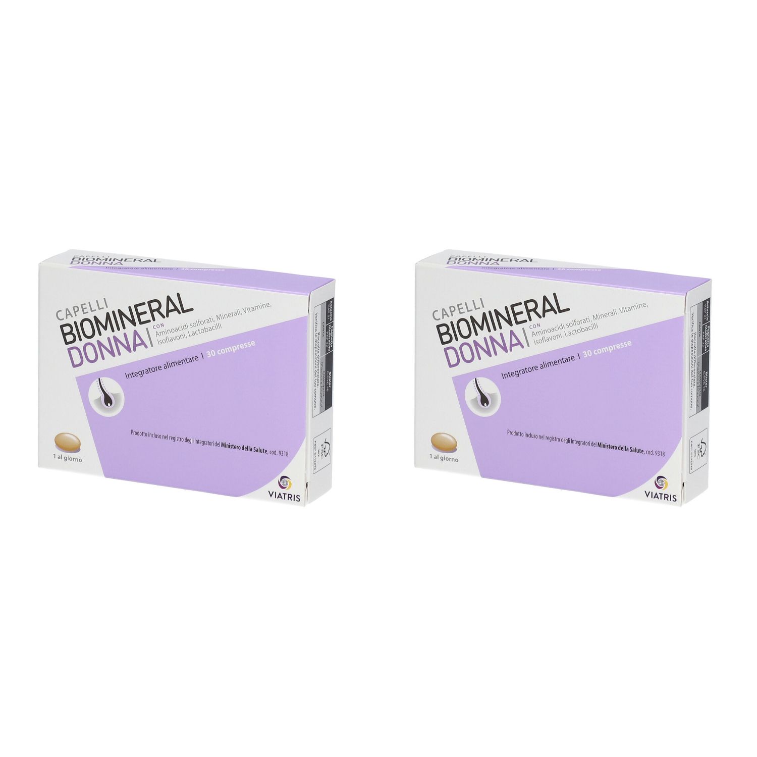 Due scatole "CAPELLI BIOMINERAL DONNAI". Confezione viola e bianca. Logo Viatris in basso.
