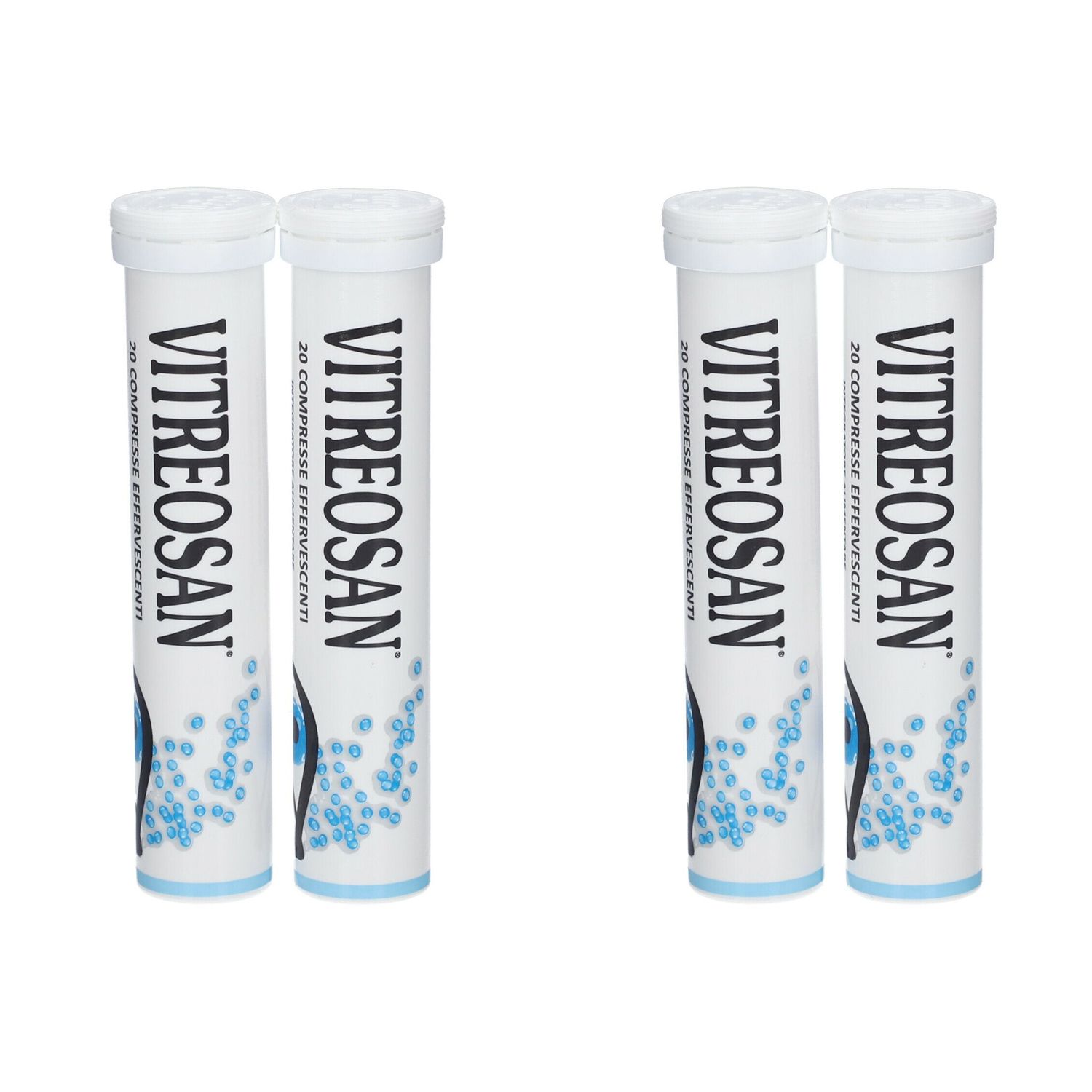 Quattro tubi cilindrici. Scritta: Vitreosan. Grafica blu e bianca. 30 compresse effervescenti.