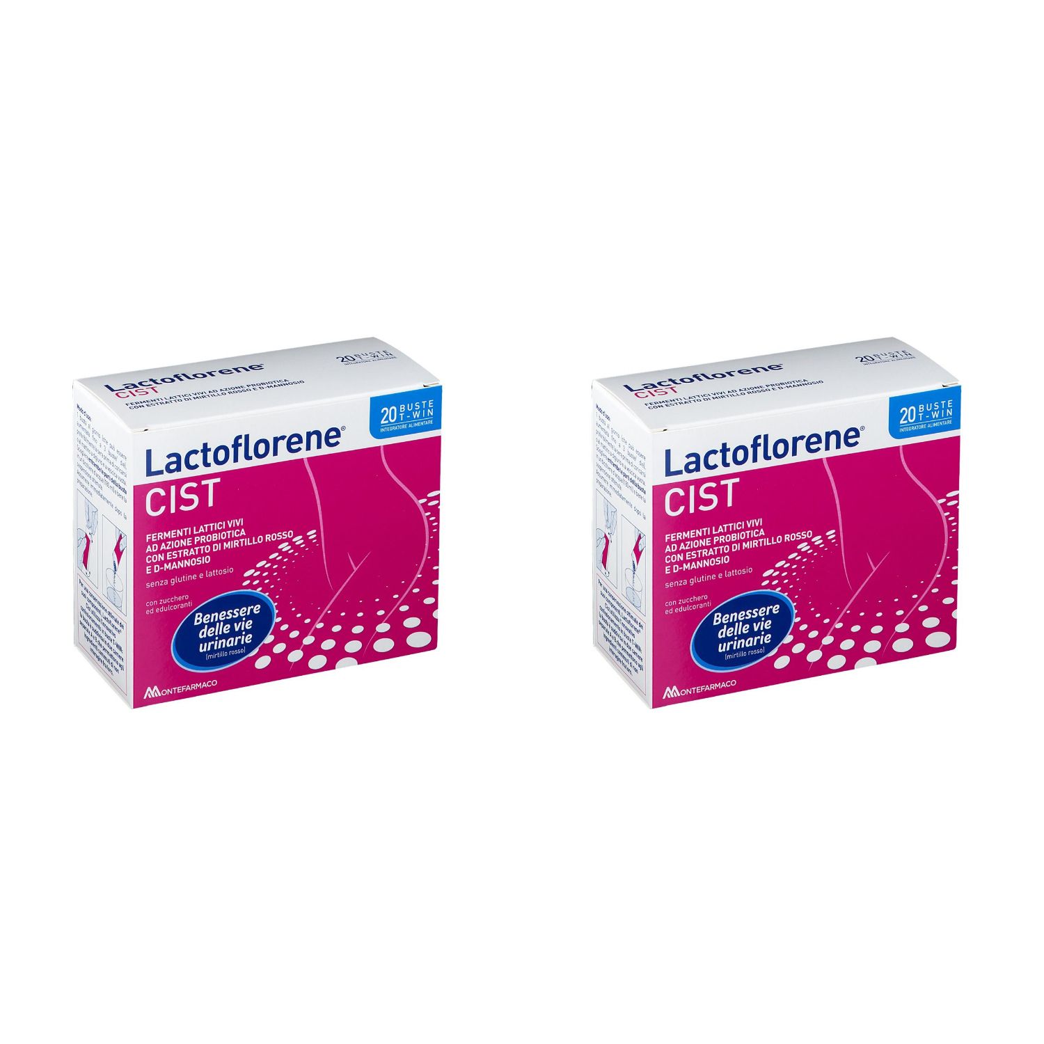 Due confezioni di Lactoflorene Cist. Scatola bianca con grafica rosa e informazioni sul prodotto. 20 bustine.