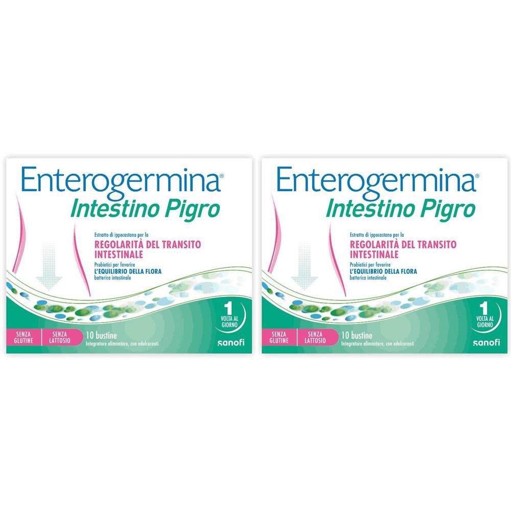 Due confezioni di Enterogermina Intestino Pigro. Confezione bianca con elementi verdi e blu. Testo in italiano.