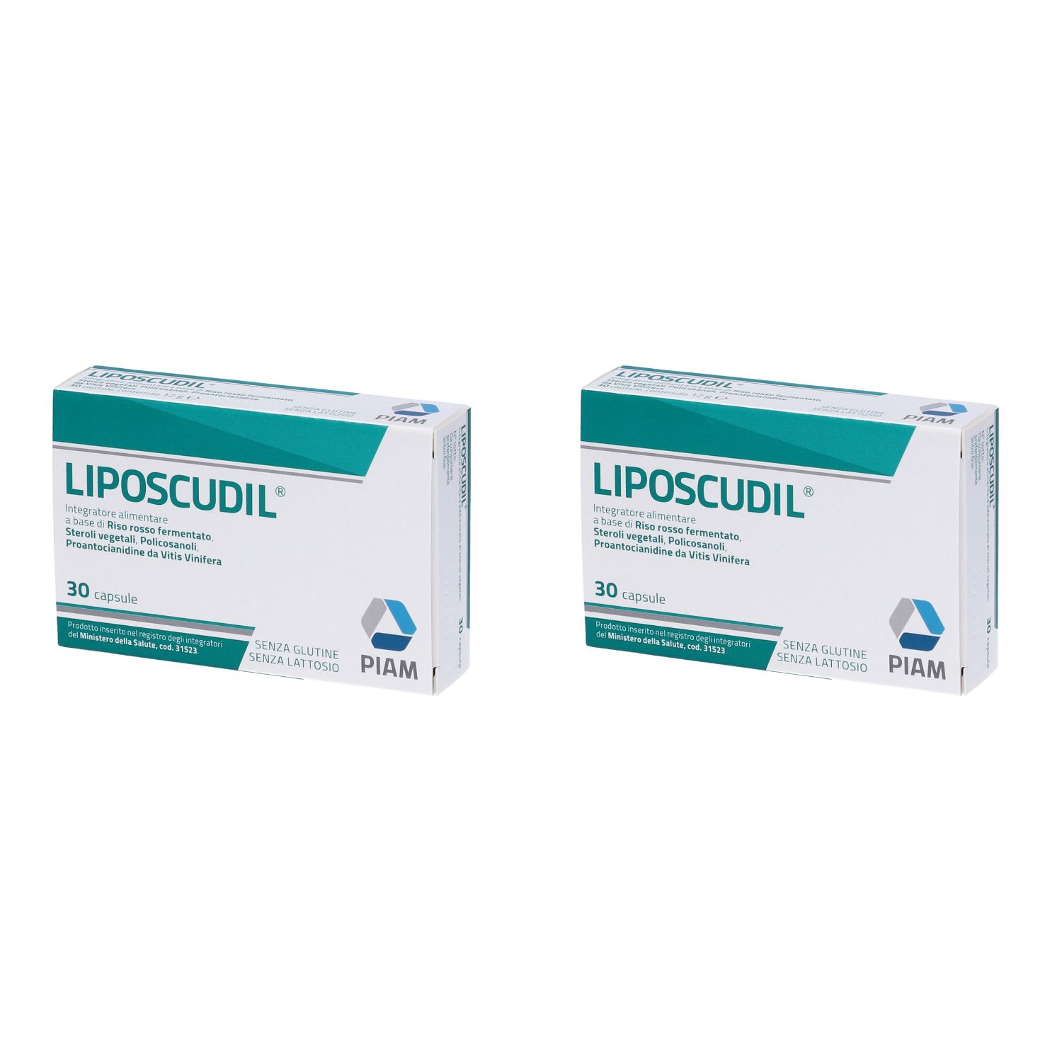 Due scatole di LIPOSCUDIL. Ogni scatola contiene 30 capsule. Scritto: PIAM.