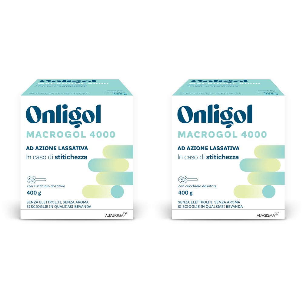 Due scatole di Onligol, con la scritta MACROGOL 4000. Testo: AD AZIONE LASSATIVA, In caso di stitichezza. 400 g.