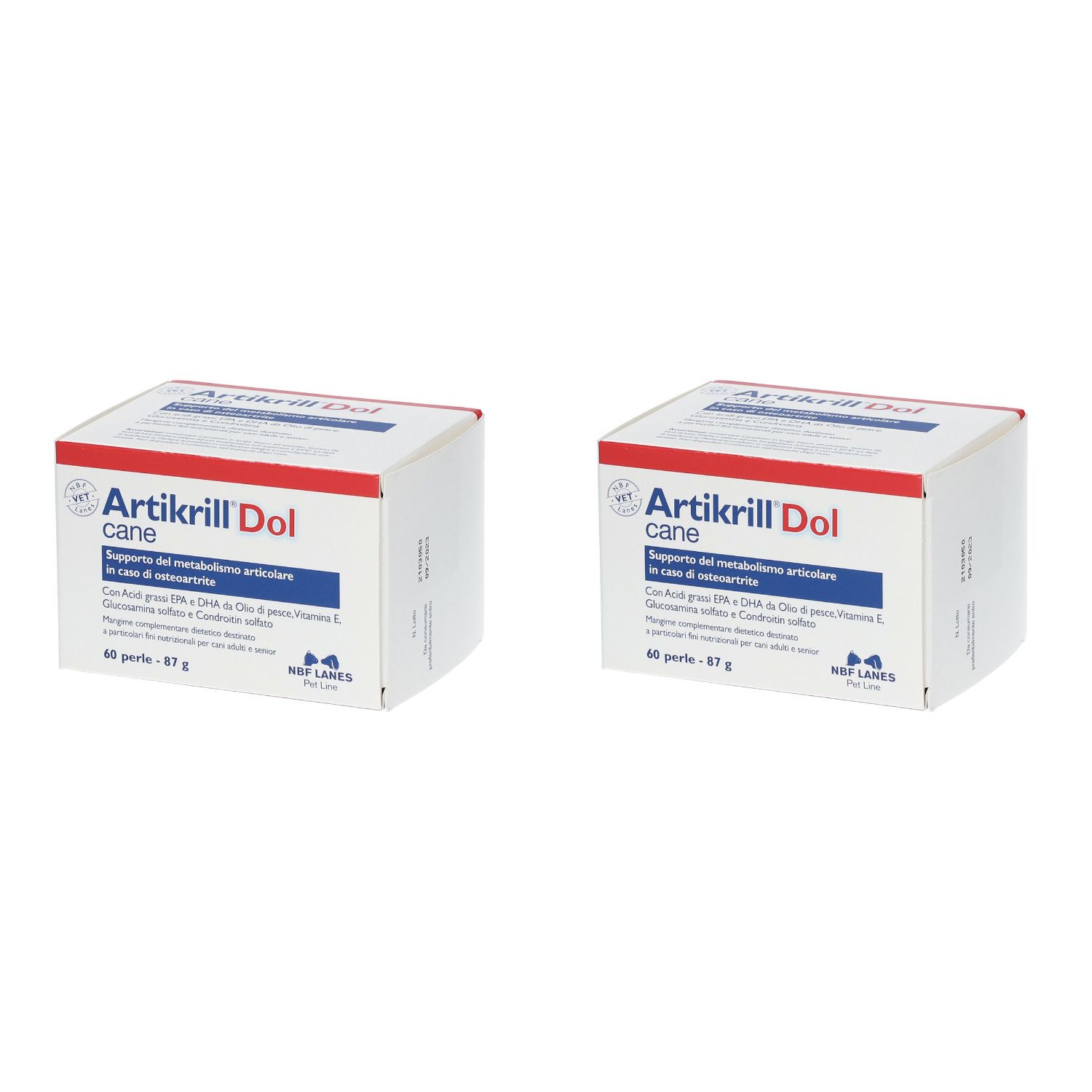 Due scatole bianche con testo rosso e blu. Scritto: Artikrill Dol cane. Contiene 60 perle.