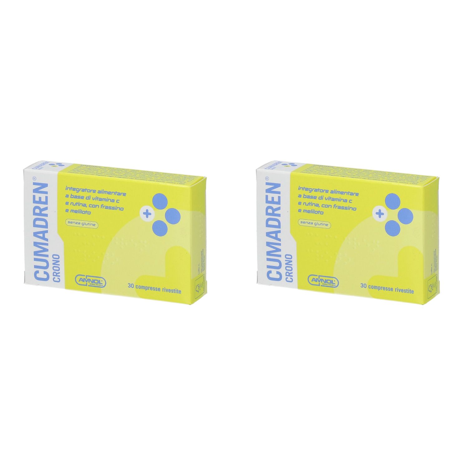 Due scatole CUMADREN CRONO. Confezione gialla con cerchi blu e testo. Contiene 30 compresse.