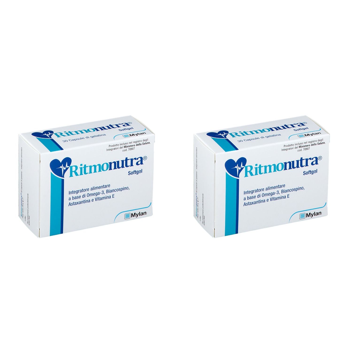Due scatole Ritmonutra®. Scritta: Integratore alimentare. Marchio Mylan.