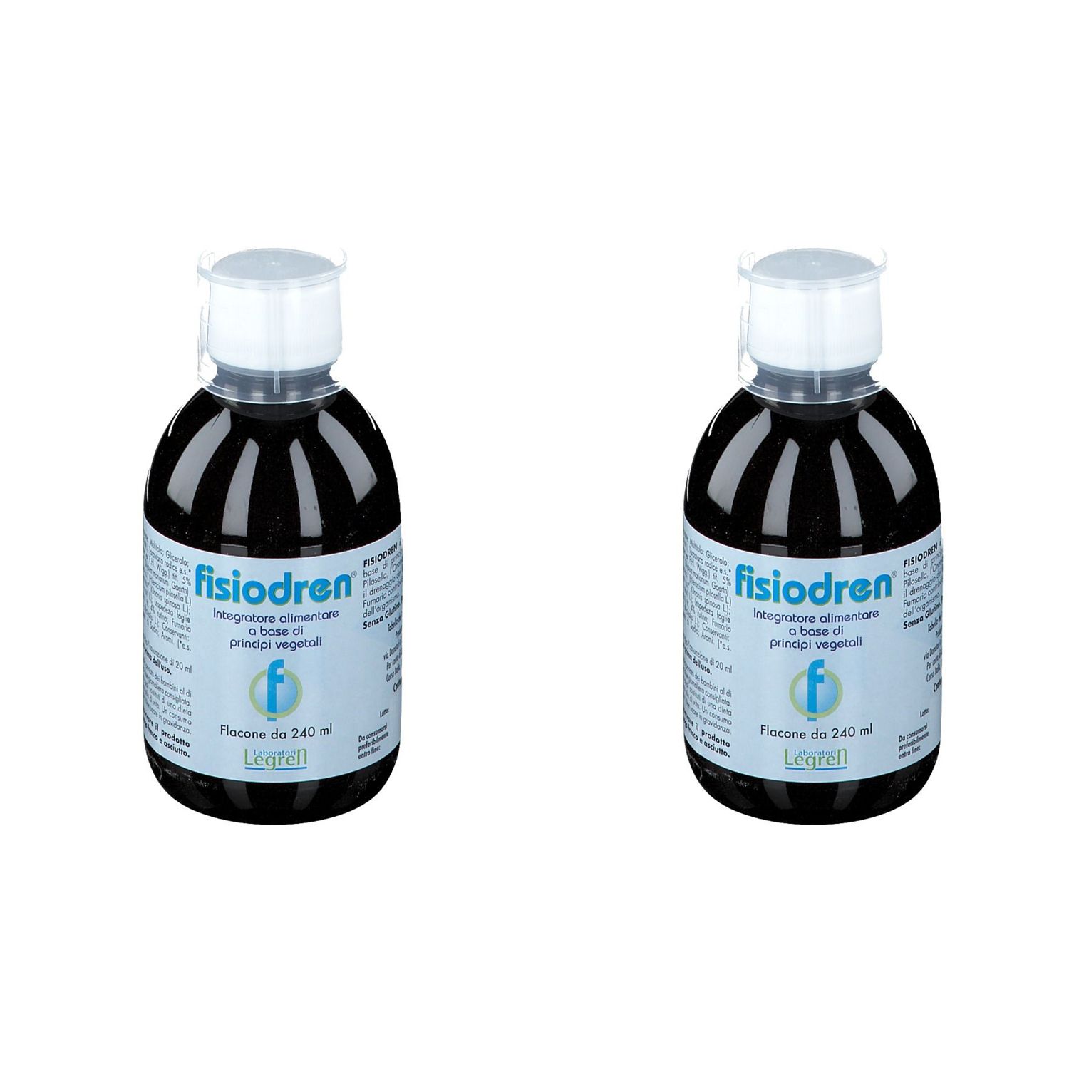 Due flaconi di liquido scuro. Etichette "fisiodren". Tappi bianchi. Flaconi con etichette in italiano.
