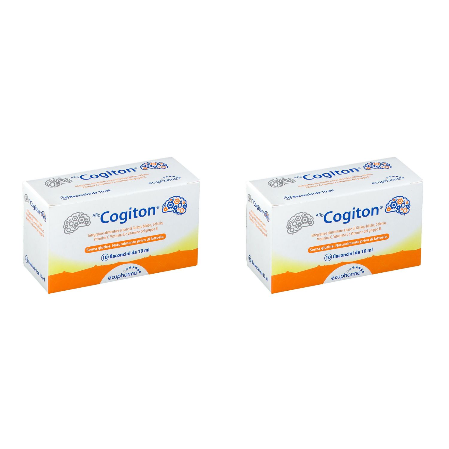 Due scatole bianche "Cogiton". Scritte: simbolo cervello, testo italiano, logo. Striscia arancione.