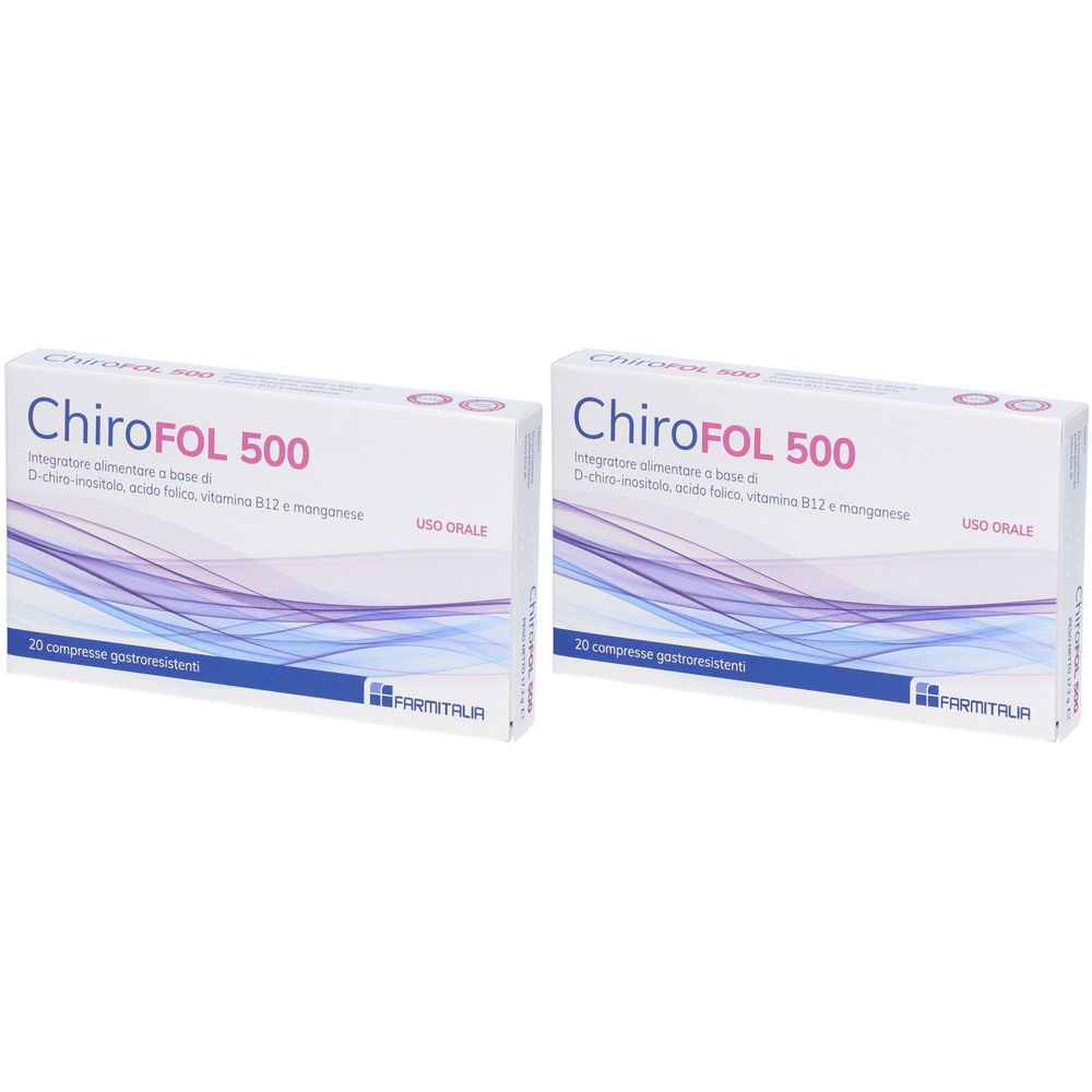 Due confezioni di "ChiroFOL 500". Scritta: "Integratore alimentare". In basso: "20 compresse gastroresistenti".