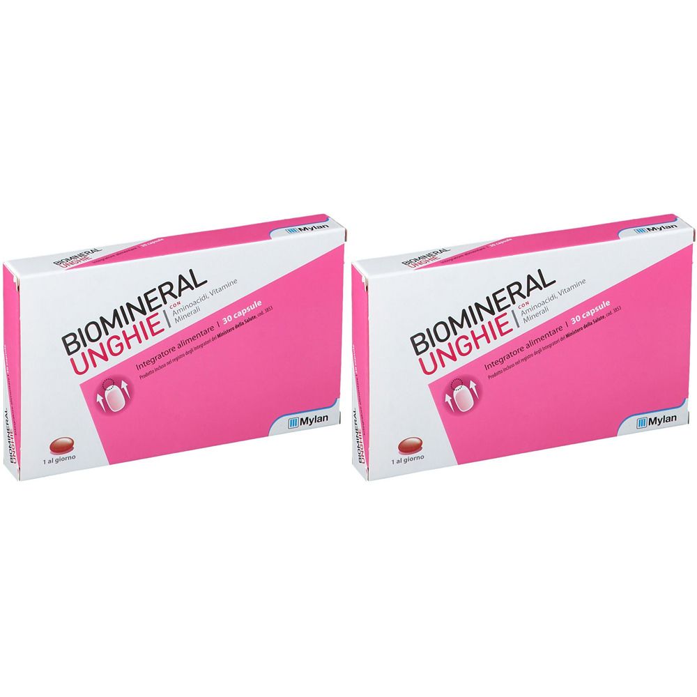 Due confezioni di BIOMINERAL UNGHIE. Scatole rosa e bianche con informazioni sul prodotto e logo Mylan. Contiene 30 capsule.