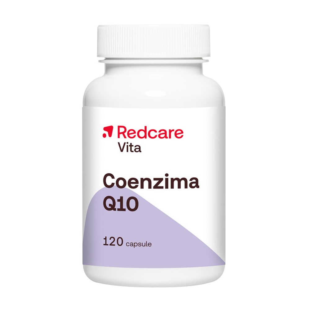 Flacone bianco con tappo rosso. Scritta: Redcare Vita Coenzima Q10. 120 capsule.