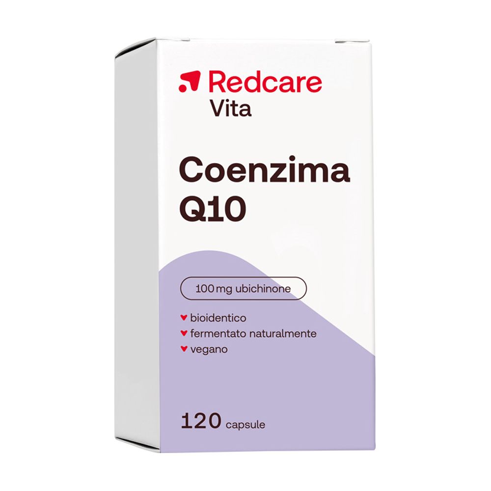 Scatola bianca con logo rosso. Scritta: Redcare Vita Coenzima Q10. 120 capsule. 100 mg ubichinone.