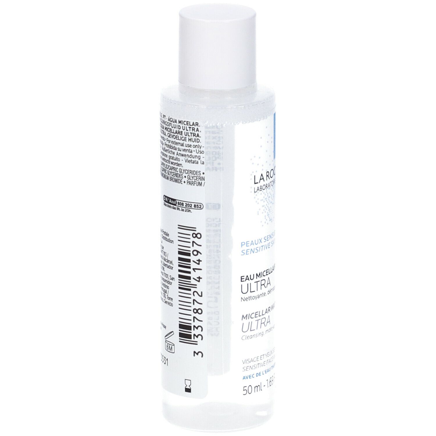 Retro del flacone. Codice a barre e informazioni testuali. Scritte: LA ROCHE-POSAY, Eau Micellaire Ultra. 50ml.