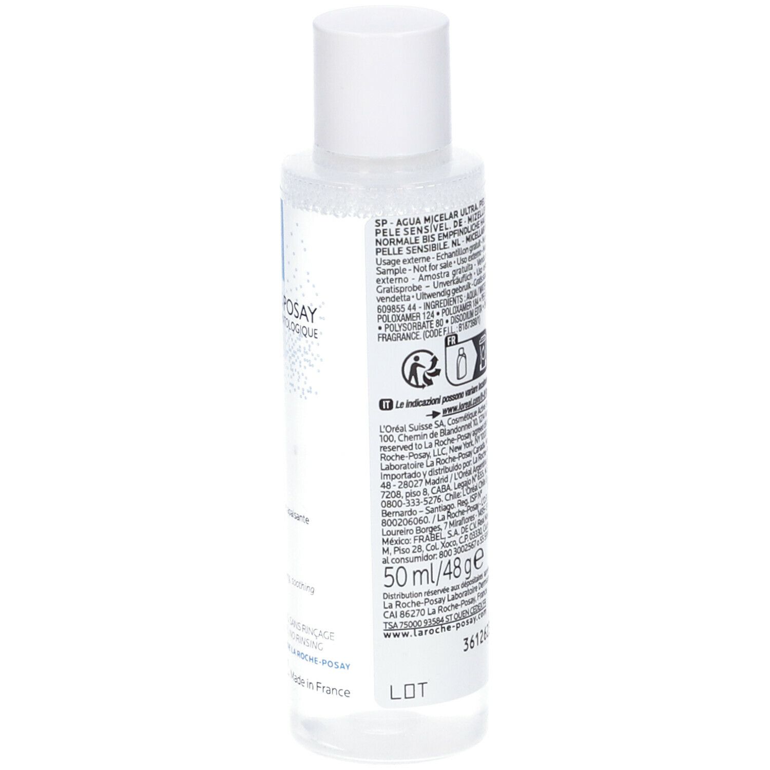Retro del flacone. Informazioni testuali in più lingue. Scritte: LA ROCHE-POSAY, Eau Micellaire Ultra. 50ml/48g.