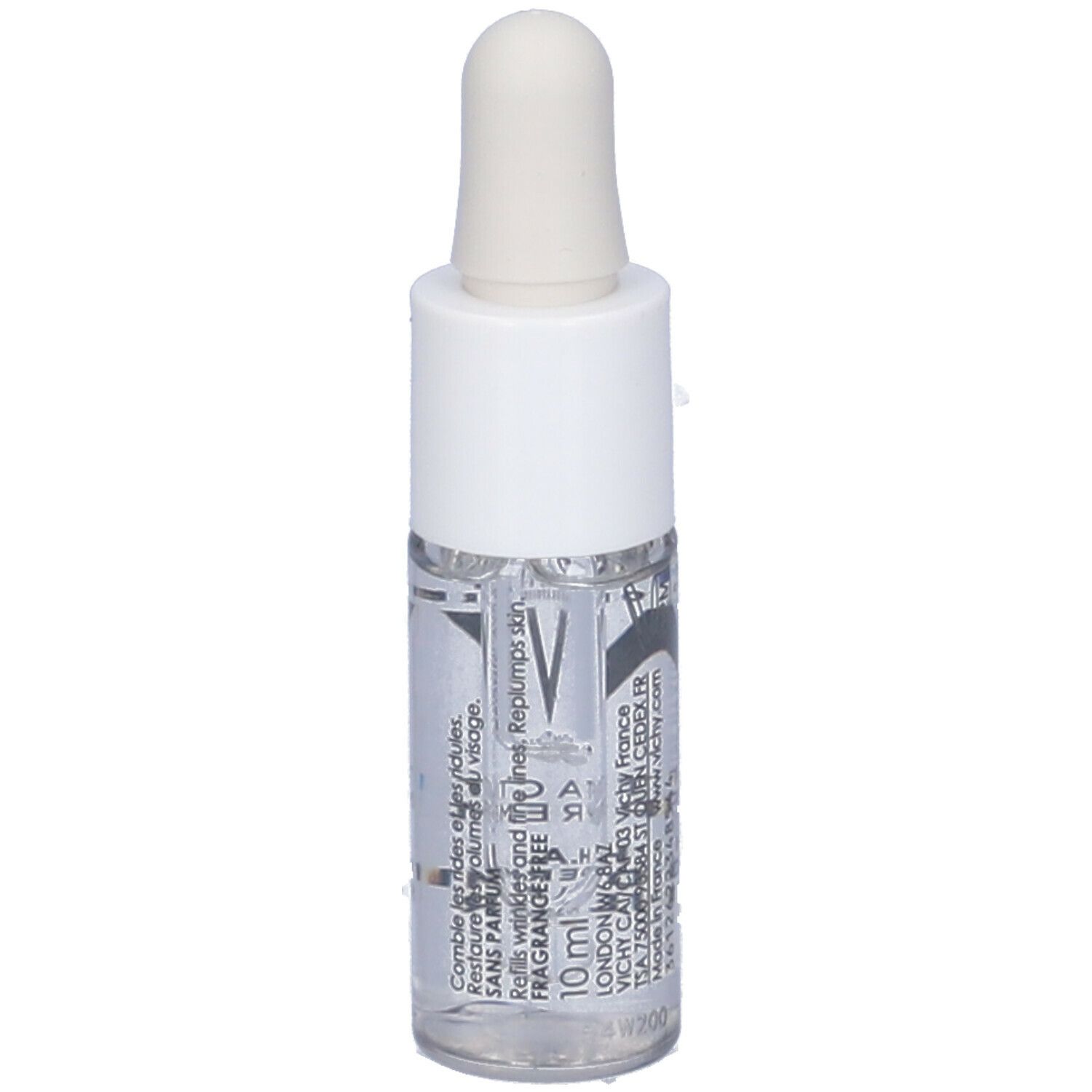 Flacone trasparente con tappo e pipetta bianchi. Scritta: 10 ml. Ingredienti visibili.