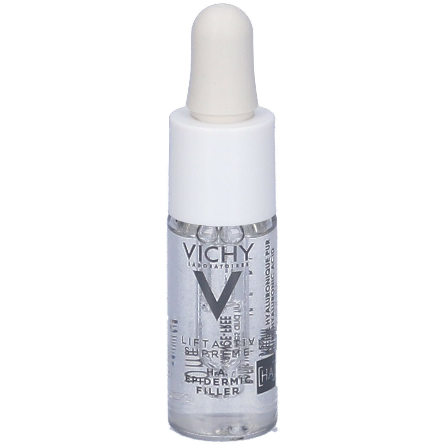 Flacone trasparente con tappo e pipetta bianchi. Scritte: VICHY, LIFTACTIV SUPREME, Epidermic Filler.
