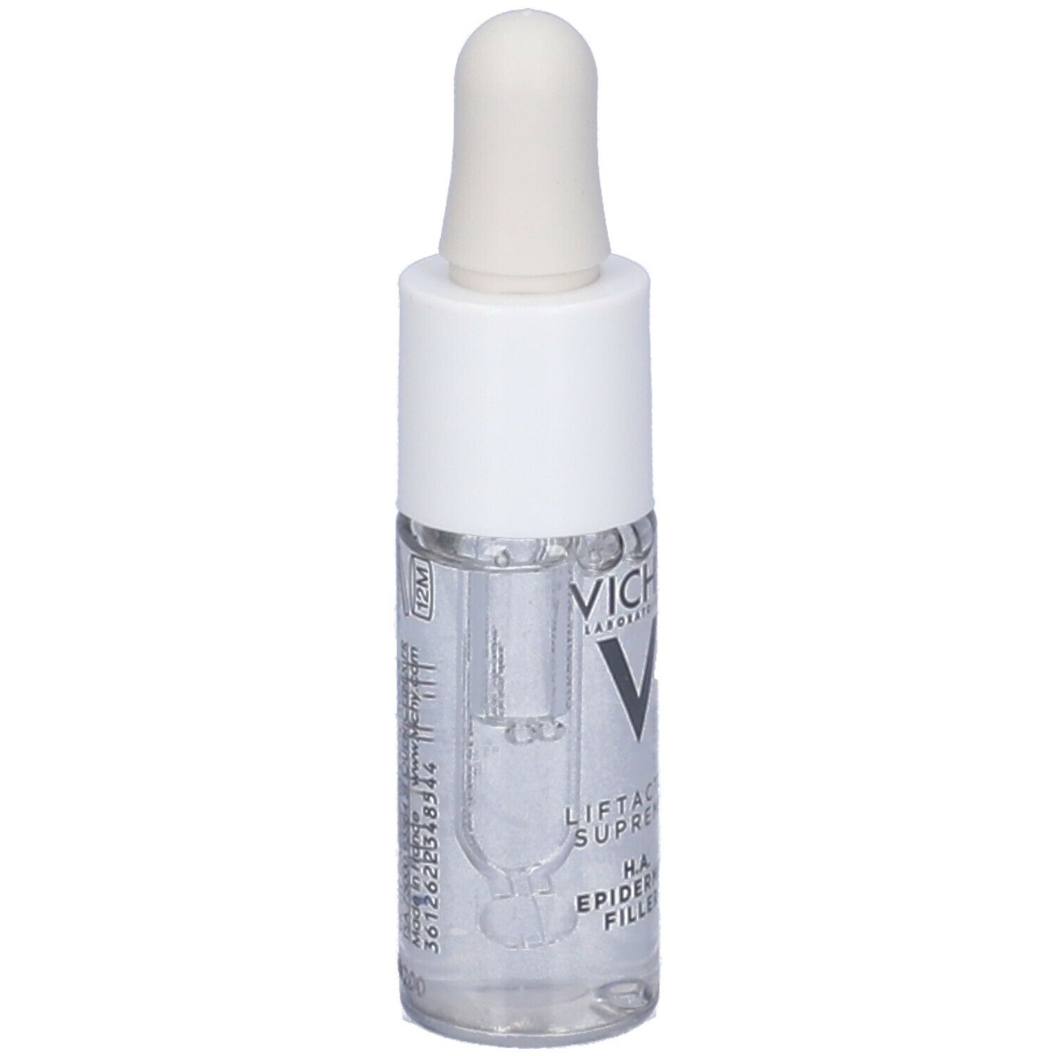 Flacone trasparente con tappo e pipetta bianchi. Scritte: VICHY, LIFTACTIV SUPREME, Epidermic Filler, 12M.